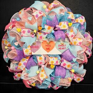 Valentines Day Wreath Candy Heart Conversation Hearts Handmade Deco Mesh XL 24’’